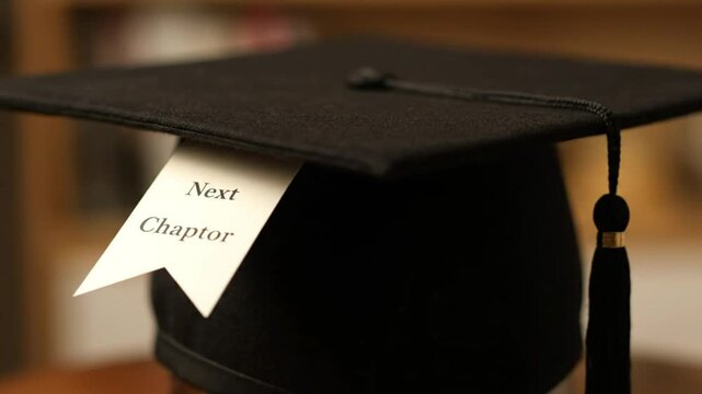 A graduation cap with a note that reads Next Chapter, symbolizing the transition to a new phase in life, captured in a close-up shot indoors