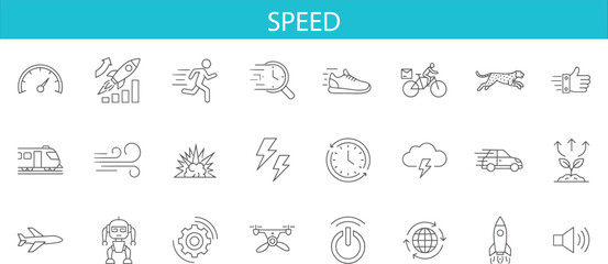 Speed and Technology Line Icon Set Featuring Rocket Launch, Fast Delivery, Transportation, Power, Innovation and Performance Symbols Outline Collection