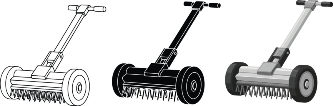 Collection of lawn aerator and dethatcher tools featuring outline solid and shaded vector illustrations perfect for gardening landscaping and web design