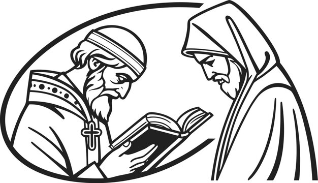 Two monks reading a book in black and white minimal line religious