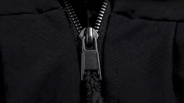 Close-up view of a black jacket's zipper being unzipped slowly, revealing the dark interior, captured in a detailed illustration.