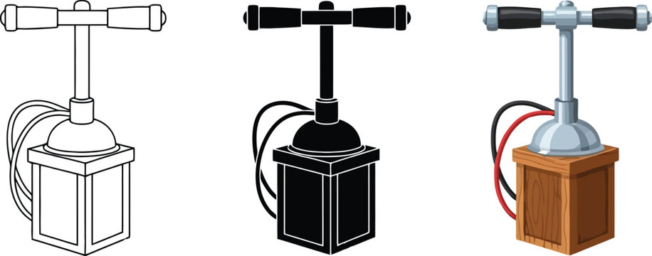 Set of detonator plunger illustrations featuring outline silhouette and colored styles ideal for demolition mining or historical projects