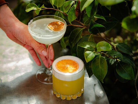 Two summer cocktails in dappled light