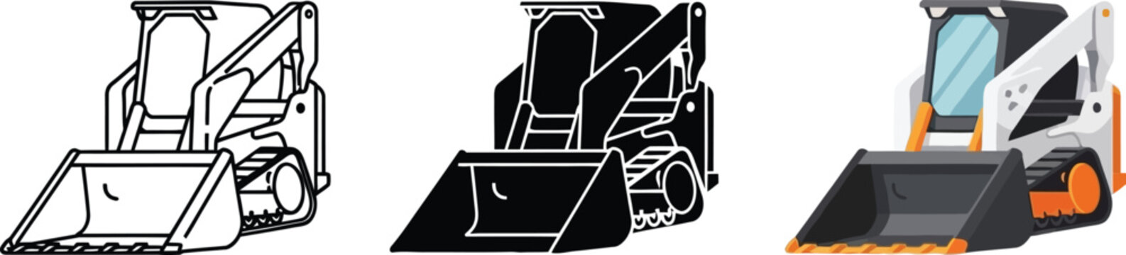 Set of skid steer loader illustrations featuring outline silhouette and flat color designs perfect for construction and industrial projects