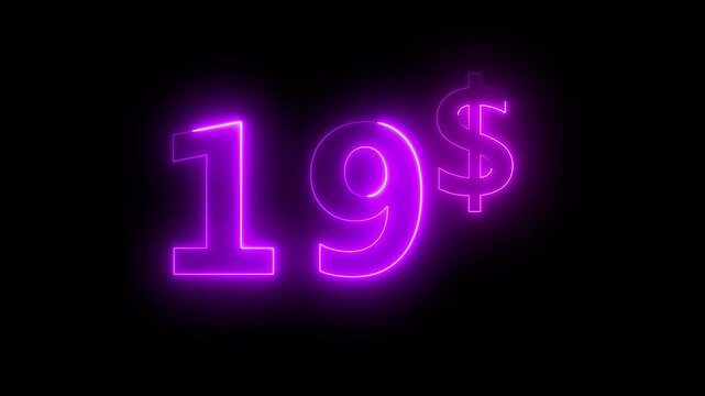 glowing Neon 19 dollar price tag animation motion graphics business, technology, internet and networking concept. 4k video animation on background.