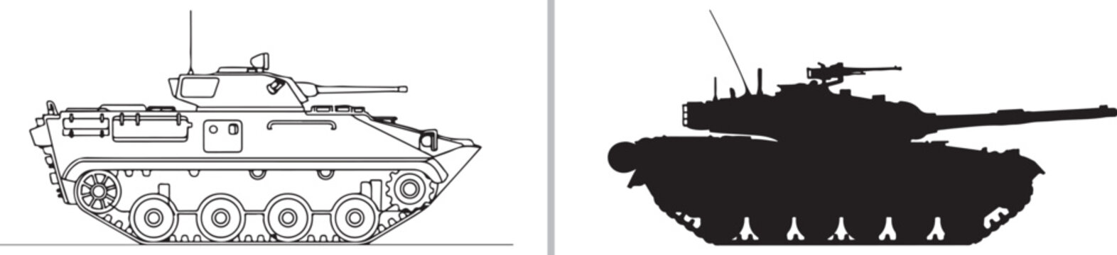 A vector illustration showing a line-art armored combat vehicle paired with a black silhouette of a main battle tank, highlighting contrasting styles for military ground hardware.