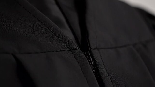 Close-up view of a black jacket with a zipper, showcasing fabric texture and detail
