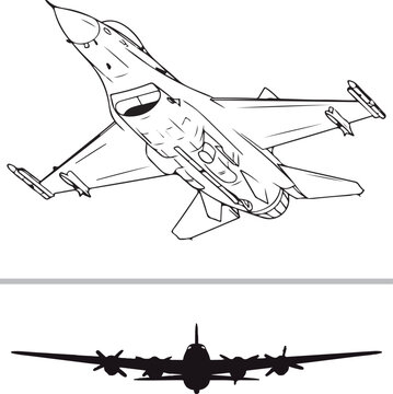 A black and white vector illustration featuring a modern fighter jet in perspective view positioned above a silhouette of a four-engine propeller aircraft.