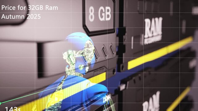 Rotating a.i. robot head with ram computer memory overlay. High technology video with computer components background
