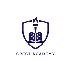 Obraz premium Flaming torch and open book shield logo for educational organization Crest Academy