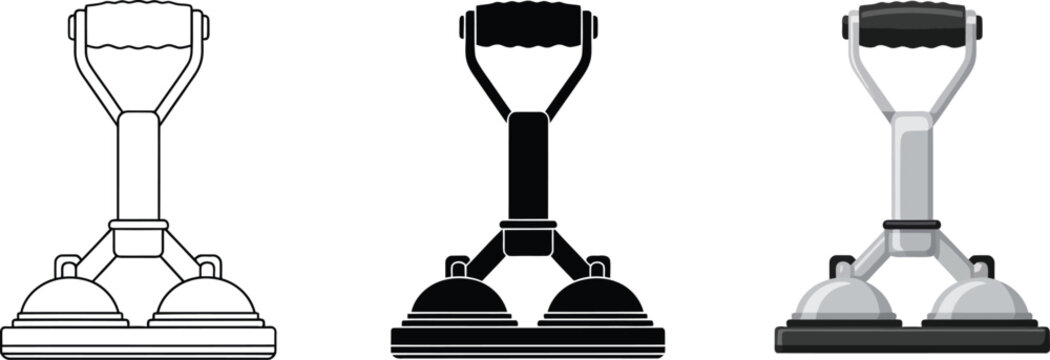 Versatile double suction cup lifter tool vector illustration set including outline silhouette and detailed versions for glass handling and heavy object moving