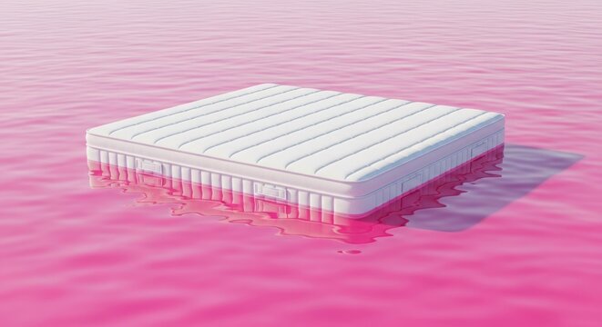 white mattress floating on pink water