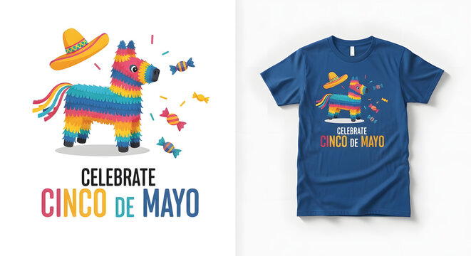 Cinco de mayo t-shirt design featuring colorful donkey pinata and sombrero hat