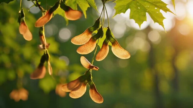 Maple seeds hanging from a branch in a serene forest at sunrise with warm sunlight filtering through the leaves