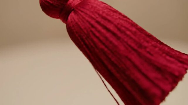 A red tassel hanging from an unseen object viewed from a close-up perspective against a blurred beige background