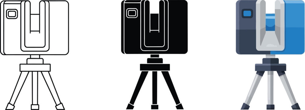 Three distinct vector illustrations of a 3D laser scanner on a tripod featuring outline solid and colored styles ideal for geospatial technology and surveying applications