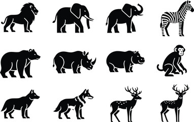 Collection of black wild animal silhouettes including lion elephant zebra bear rhino and deer. © Simu Store