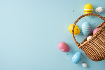 Fototapeta premium Colorful painted Easter eggs spilling from a wicker basket onto a pastel blue background creating a joyful happy Easter scene with spring tones and playful decorative details