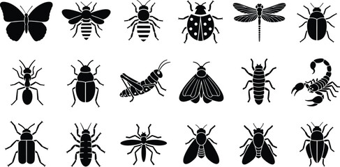 Collection of eighteen black insect silhouettes including butterfly bee and beetle © Simu Store