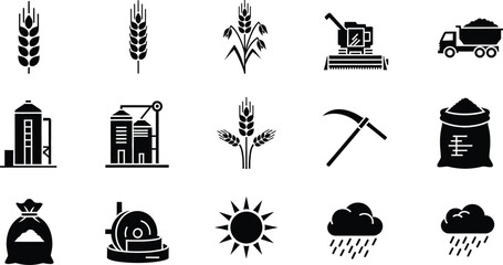 Set of agriculture and grain production icons including wheat silos and harvesting equipment © Simu Store