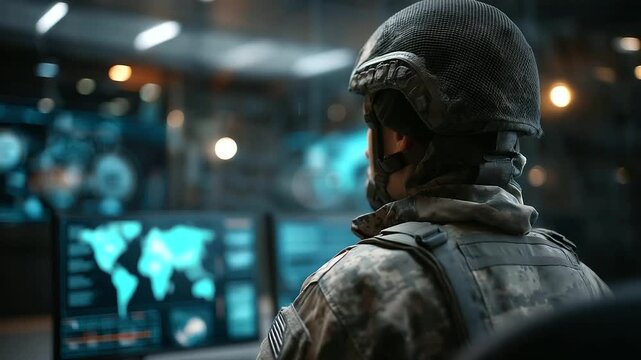 Military operations room featuring faceless soldier commanding digital controls, defocused data overlays highlighting enemy positions and mission timelines, high-tech security