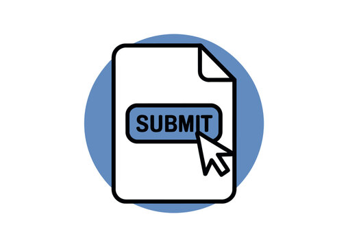 A graphic illustration of a document with a submit button and a mouse cursor clicking on it