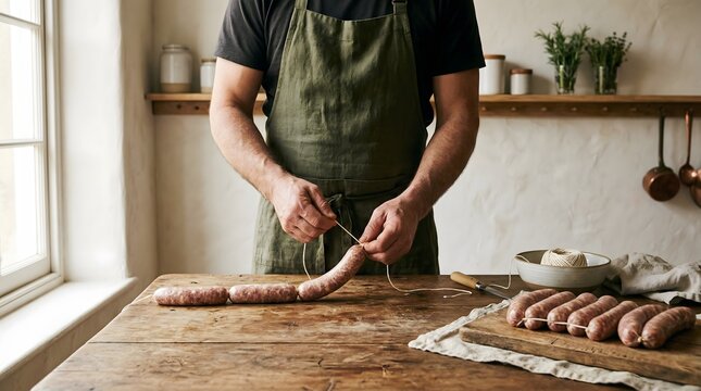 Professional male butcher tying fresh artisanal sausages on a wooden table in a rustic workshop