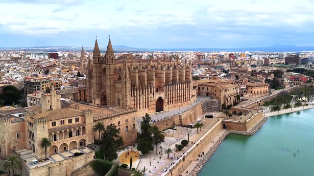 4K Aerial View of Palma Cathedral (La Seu) and Waterfront