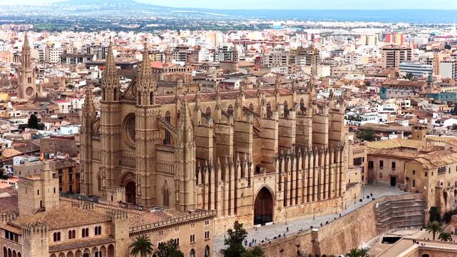 4K Aerial View of Palma Cathedral (La Seu) and Waterfront