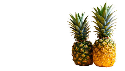 Two pineapples with green and yellow skin stand out against a stark, black background