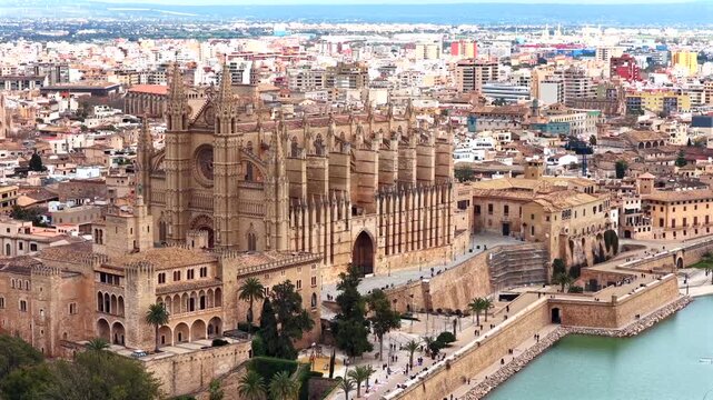 4K Aerial View of Palma Cathedral (La Seu) and Waterfront