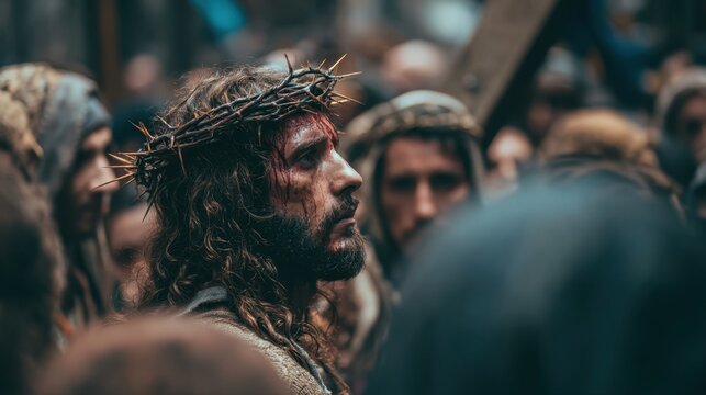 Portrait of Jesus wearing a crown of thorns during the Passion surrounded by onlookers