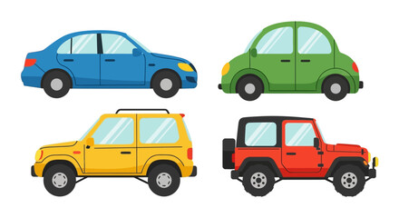 Naklejka premium Vector illustration set of four cartoon cars in flat cartoon style. Minimalistic colorful sedan, compact car, SUV, and jeep. Doodle icons for transportation, travel, children books, and urban themes