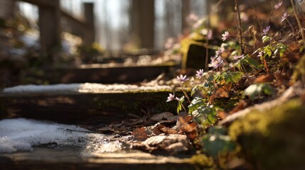 Fototapeta premium Wildflowers on mossy forest steps with melting snow and warm sunlight in early spring
