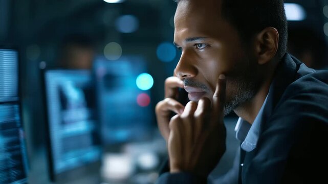 Faceless joint operations agent analyzing classified intelligence, defocused multiple computer terminals, subtle screen reflections, tense high-security atmosphere, security