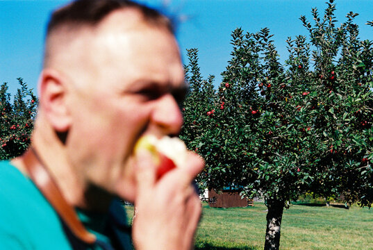 Apple Orchard Portrait of Man Eating Apple