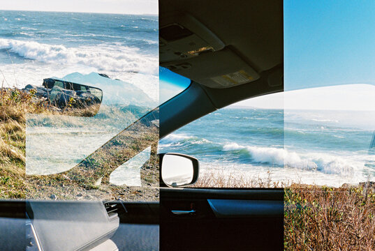 Car Parked by Ocean Accidental Overlapping Film Frames 
