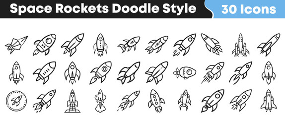 A collection of charming space rocket icons in a playful doodle style, perfect for illustrating themes of innovation, launch, and interstellar travel in various projects. © Vectoravec