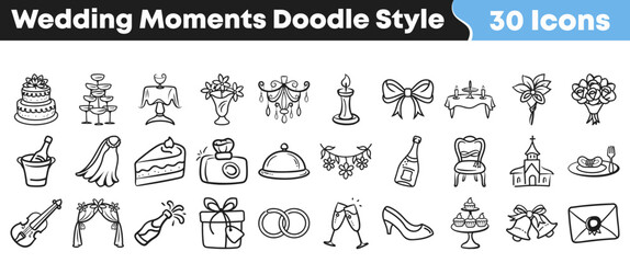 This collection features thirty charming hand-drawn doodle style icons representing various essential moments and elements of a wedding celebration, perfect for invitations. © Vectoravec
