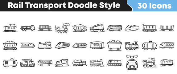 Collection of thirty unique doodle style rail transport icons featuring various trains locomotives and railway rolling stock components © Vectoravec