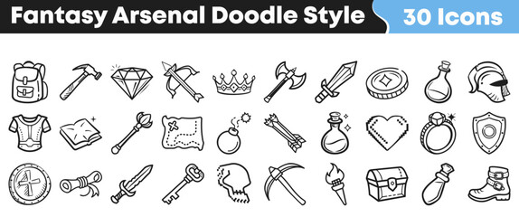 A comprehensive collection of 30 hand-drawn fantasy arsenal doodle style icons featuring various weapons, armor, and magical items for game development. © Vectoravec