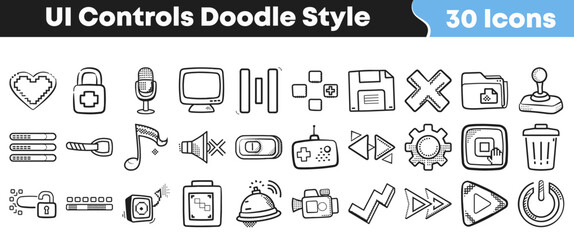 Thirty hand-drawn user interface controls in a charming doodle style, perfect for web design, mobile apps, and creative digital projects requiring an artistic touch.