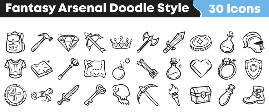A comprehensive collection of 30 hand-drawn fantasy arsenal doodle style icons featuring various weapons, armor, and magical items for game development.