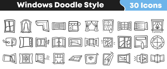 Fototapeta premium This extensive collection presents 30 unique hand-drawn doodle-style window icons, depicting a wide array of window types and related elements for design projects.