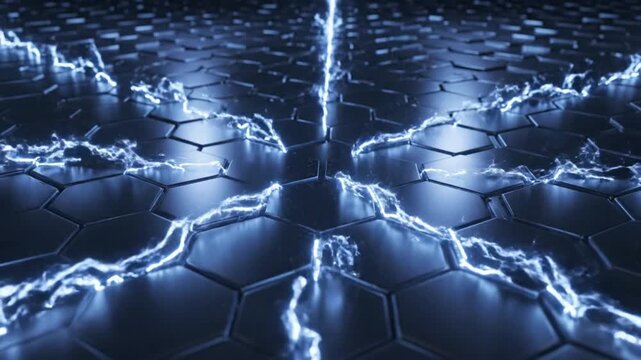 Electricity discharges across a futuristic hexagonal metallic grid surface with intense blue lightning