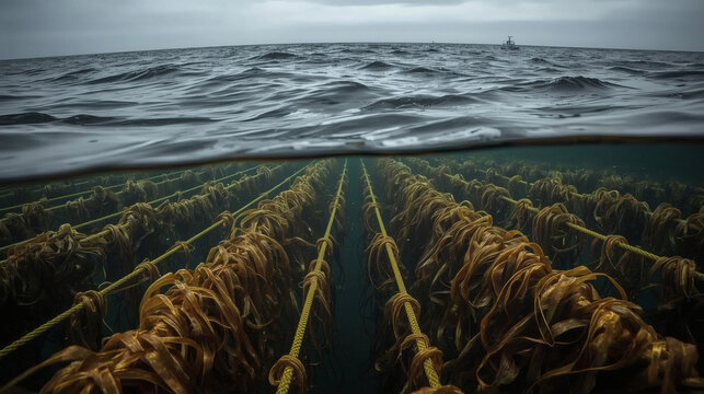 Over/under split-level photography of a commercial offshore kelp farm with thick ropes and dense brown algae