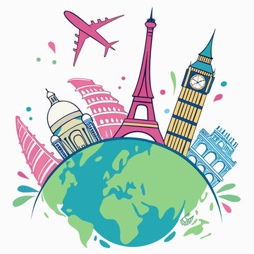 Vibrant cartoon illustration of world landmarks circling globe with airplane flying overhead for travel concepts