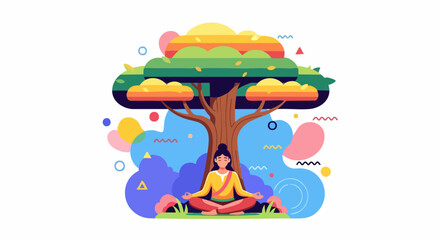 Obraz premium woman meditating under a tree, peaceful scene, mindful moment, nature connection, tranquility, relaxation.