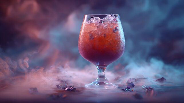 One transparent cocktail goblet with a vibrant fruity liqueur, subtle fog surrounding the glass, dark cinematic background