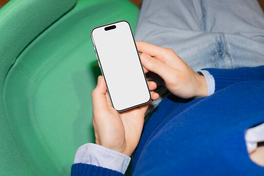 Business professional holding smartphone mockup while seated